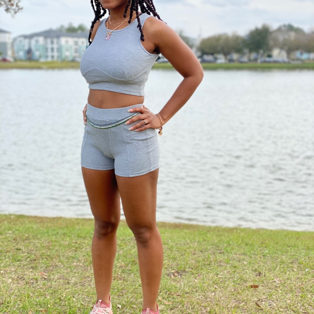 Gray 2 piece set with shorts and cropped top